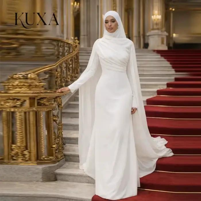 Robes de mariée arabes KUXA, perles, col rond, sur mesure, longueur au sol, sirène, manches longues,