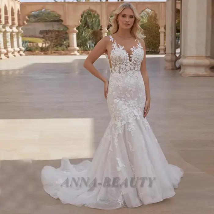 Anna-Charmante robe de mariée à encolure dégagée pour patients, trompent, appliques en fibre de dent