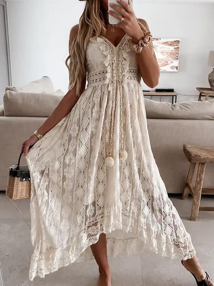 Robe longue en dentelle style Boho pour femme, vêtement de plage, taille haute, ligne A, été