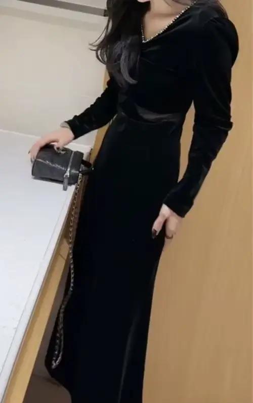 Robe en velours à la mode pour femmes, automne et hiver, nouveau Style, col de tempérament, jupe mi-
