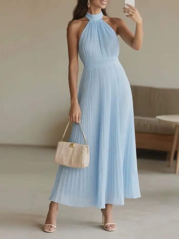 Nouvelle Robe Longue Plissée Élégante Sans Manches pour Femme, Modèle Halter, Idéale pour Soirées, C