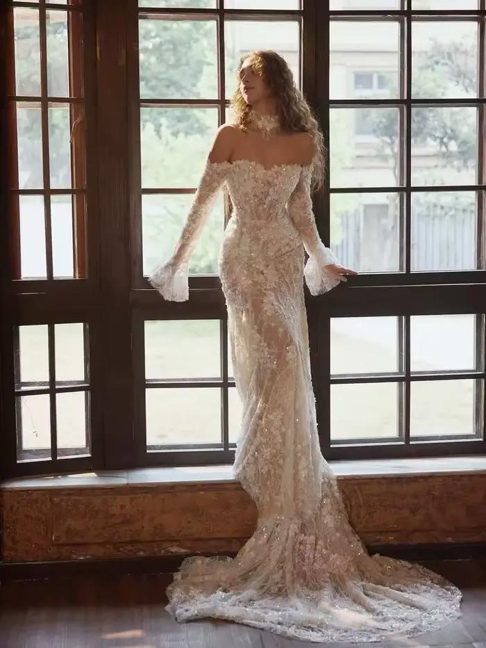 Robe de mariée sirène luxueuse sur mesure à manches longues pour femme, avec dentelle magnifique et 