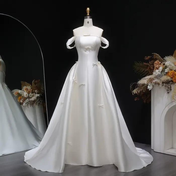 Robe de mariée élégante Sheer Fairy pour femme, en satin blanc, épaules dénudées, simple, style robe