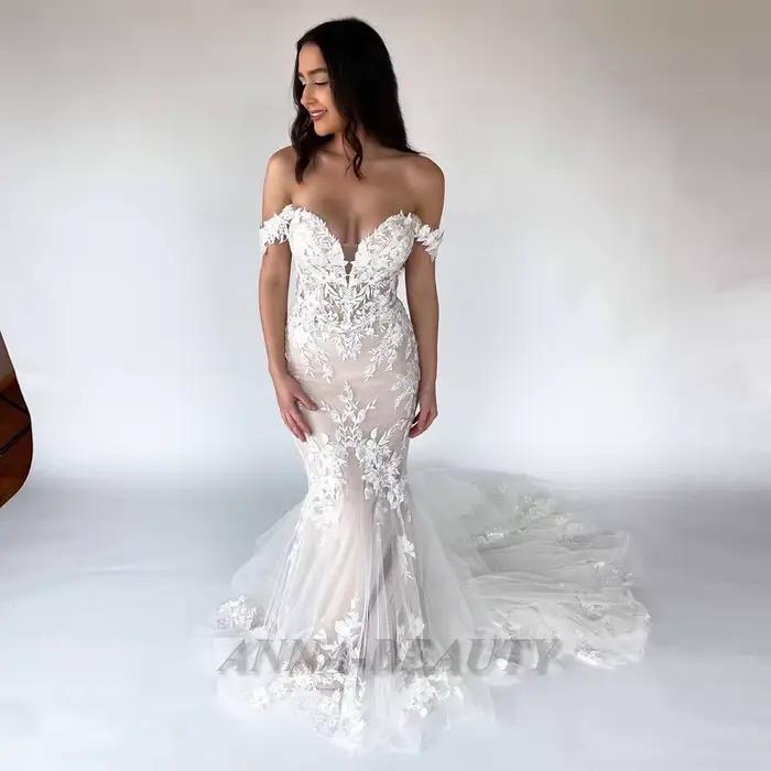 Anna-Robe de Mariée Trompent Personnalisée pour Femme, Décolmétrage en V, Fermeture Éclair, Applique