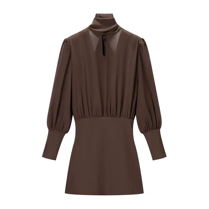 CharmChant – robe à cravate marron pour femmes, dos nu, coupe cintrée, manches longues, moulante, Mi
