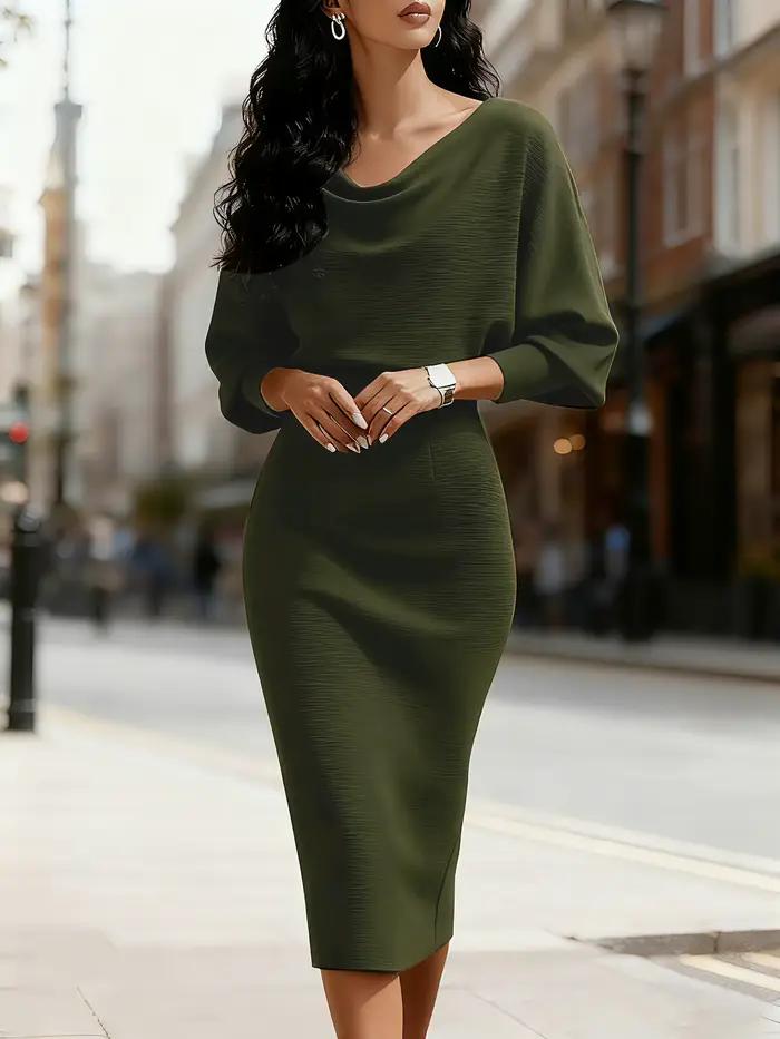 Minceur efficace col rond chauve-souris à manches longues taille cintrée robe automne hiver femmes m