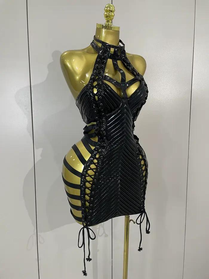 Robe courte en cuir noir pour femmes, Sexy, ajourée, gothique, col licou, chanteur de danse Gogo, di