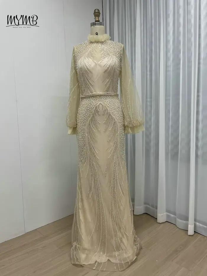 MYMB-Robe de soirée élégante pour femme musulmane, manches longues, col haut, perles magnifiques, si