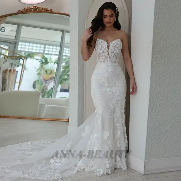 Anna classique bretelles robes De mariée pour les femmes mariée dentelle Appliques sirène Court Trai
