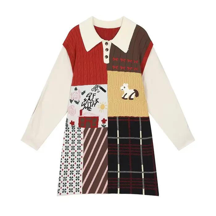 ELFSACK Robe en tricot patchwork vintage pour femme avec imprimé cheval et carreaux, robe à manches 