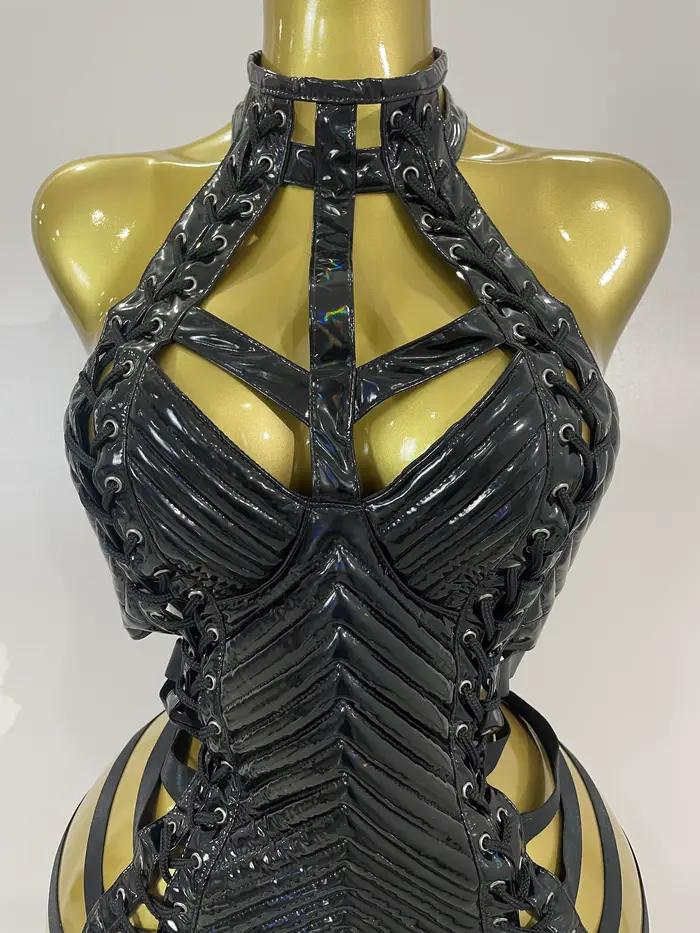 Robe courte en cuir noir pour femmes, Sexy, ajourée, gothique, col licou, chanteur de danse Gogo, di