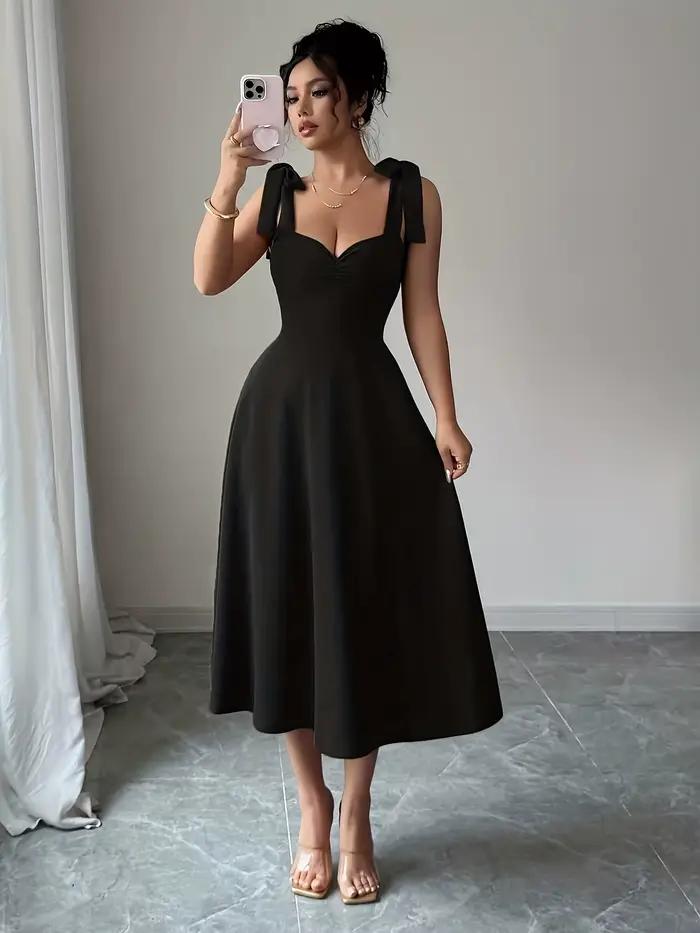 Robe longue élégante pour femme, avec bretelles à nouer, taille cintrée, coupe évasée, idéale pour l