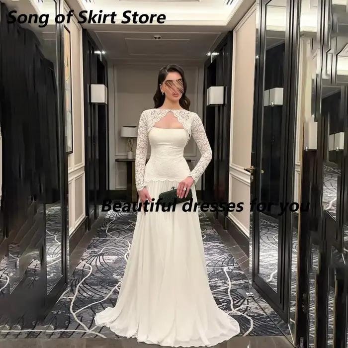 Robe de soirée élégante en dentelle et mousseline, personnalisée, col rond, manches longues, plissée