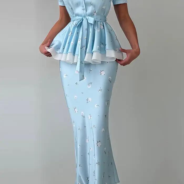 Ensemble chic pour femme : haut imprimé floral à col en V, manches courtes, volants, ceinture à noue