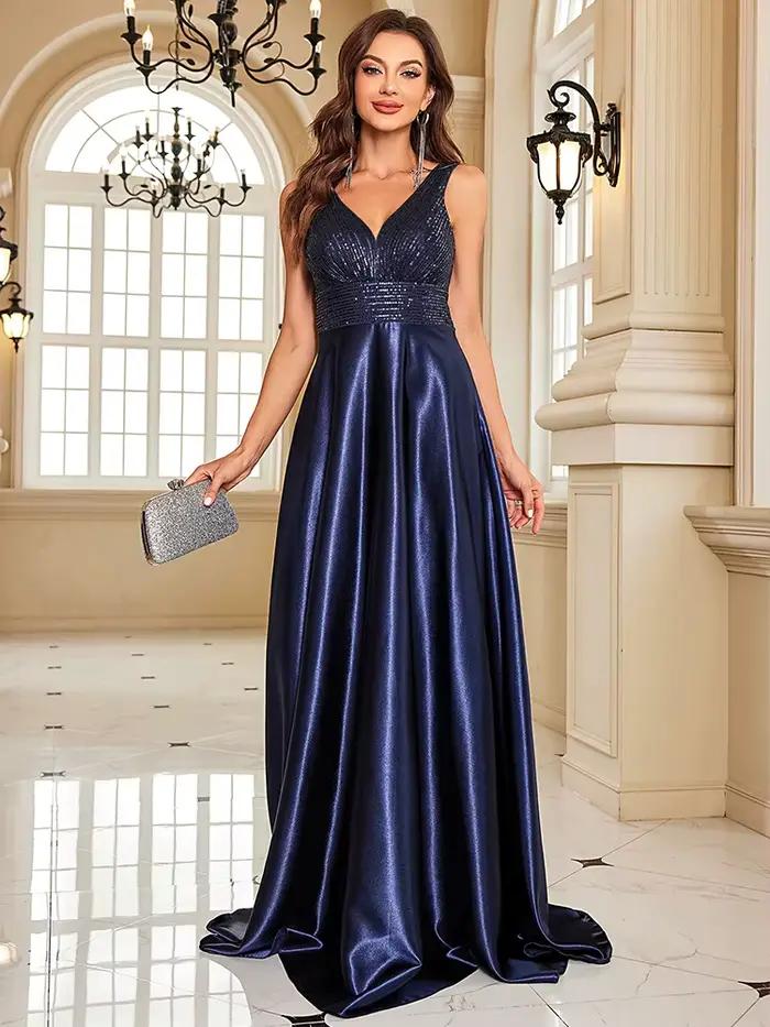 Robe de soirée élégante à paillettes pour femmes, col en v profond, en Satin, robe de bal verte, lon