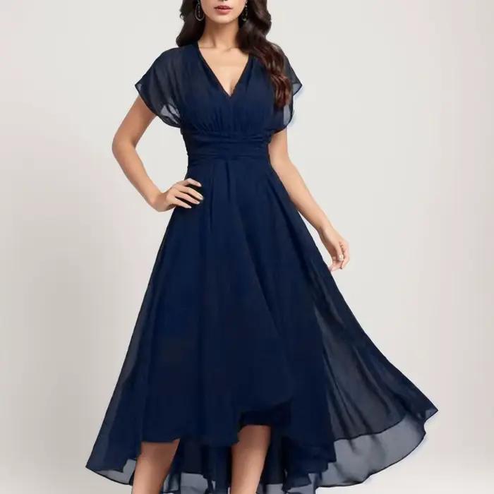 Robe longue en mousseline de soie pour femmes, robe de demoiselle d'honneur, élégante, col en V, min