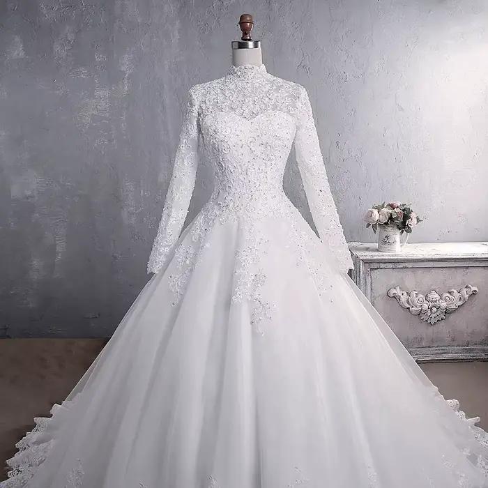 Robe de mariée musulmane en dentelle européenne et américaine 2026, col montant, manches longues, gr