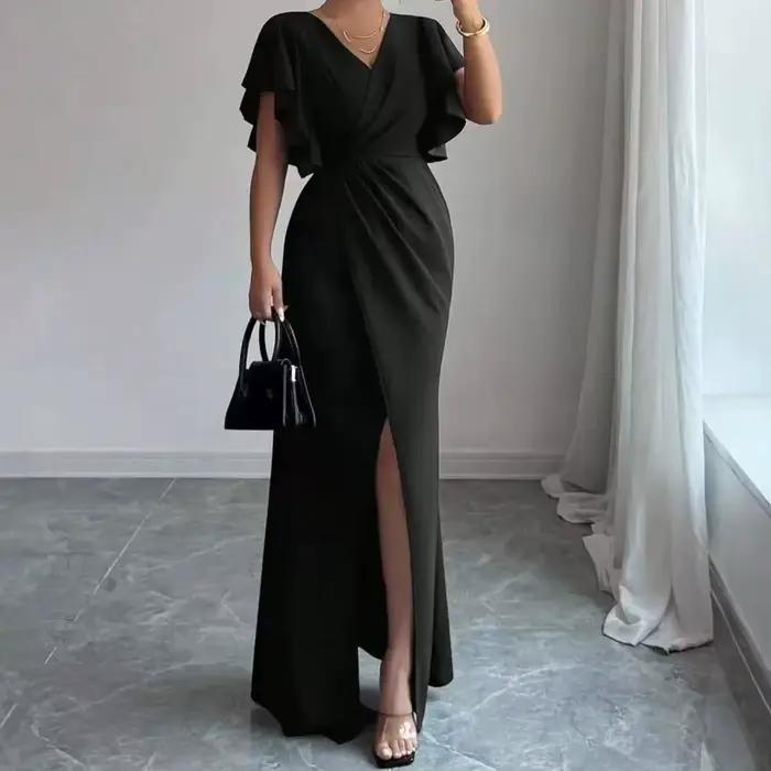 Robes pour femmes 2026 – Élégante robe longue sirène à volants, couleur unie, col en V, taille ajust