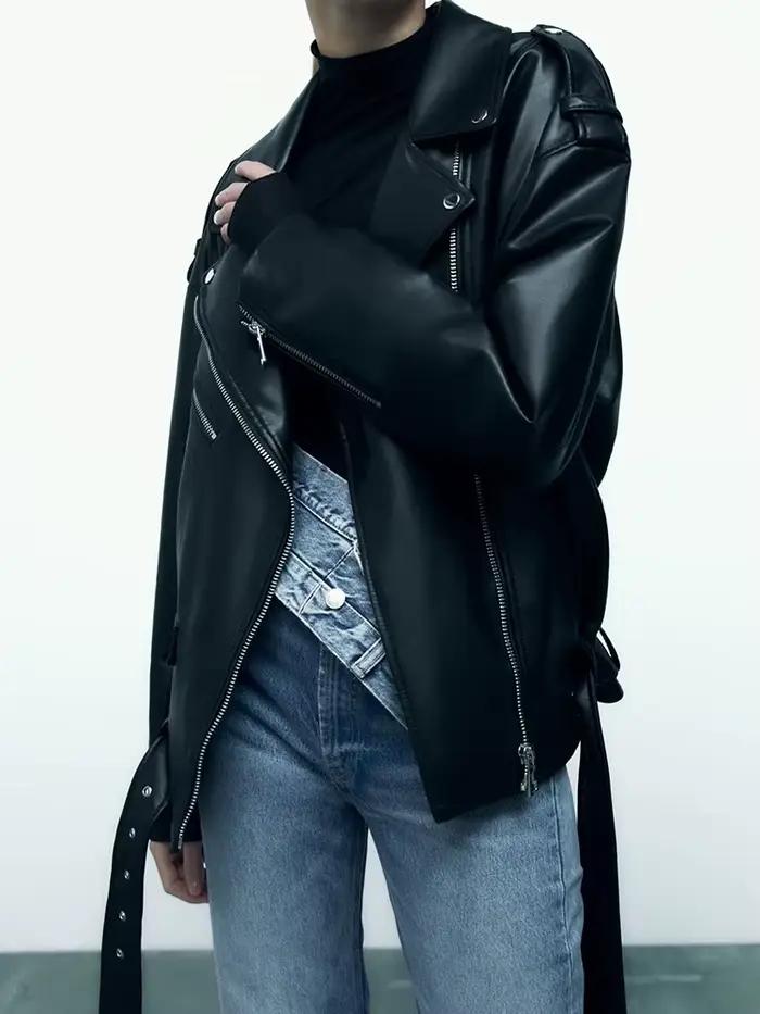 Ailegogo femmes ample moto motard noir Pu Faux cuir veste avec ceinture printemps automne femme mant