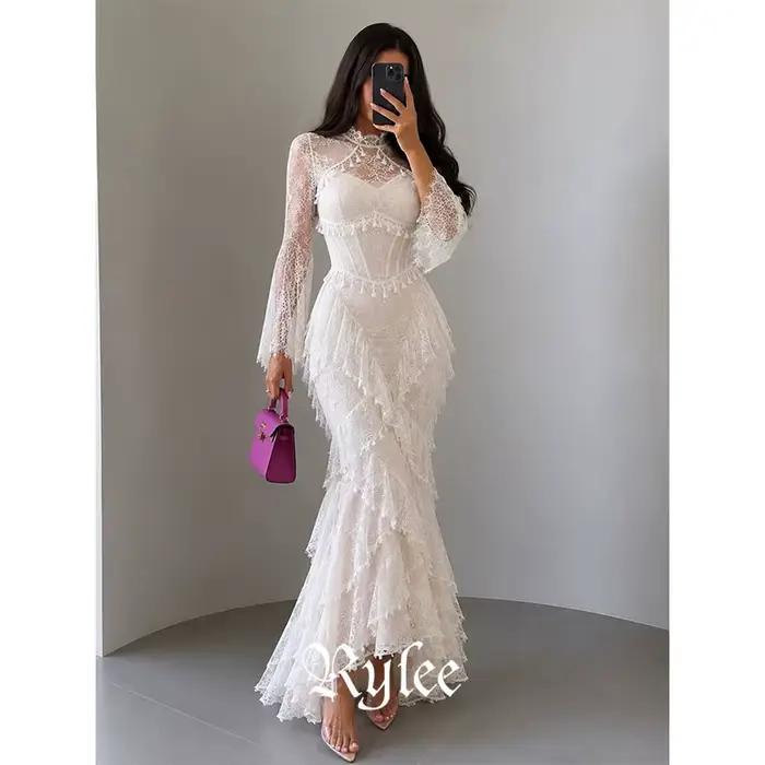 Robe de mariée de luxe Rylee en dentelle, manches longues, coupe sirène, élégante, plissée, collecti