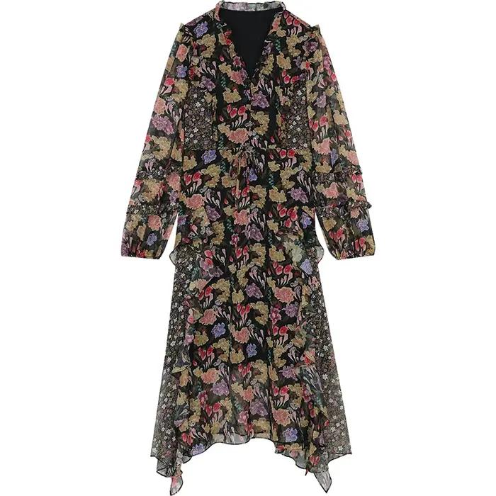 ELFSACK-Robe longue en mousseline de soie florale à volants, élégante, col en V, manches longues, pr