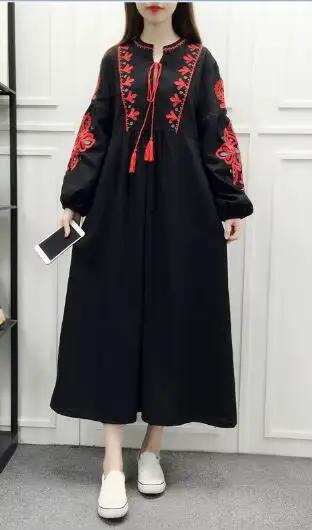 Longues robes Boho 2025 ethnique broderie florale col en v gland lanterne à manches longues robe vin