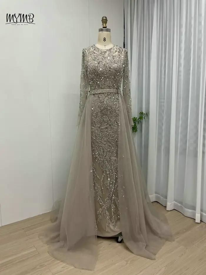 MYMB-Robe musulmane perlée à manches longues, tenue de soirée de standing, couleur chair, avec poign