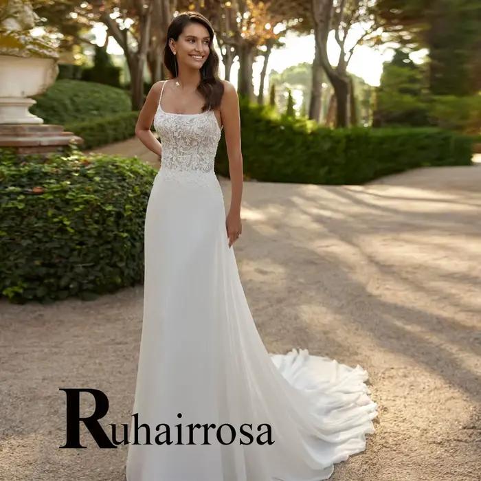 Ruhair Vintage Robe De mariée en mousseline De soie pour les femmes Appliques encolure dégagée brete