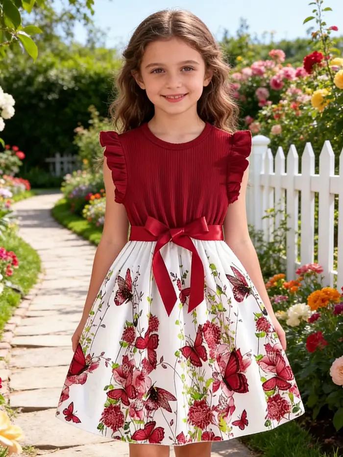 Robe évasée rouge à fleurs pour filles - Style princesse - Robe décontractée tendance à fleurs pour 