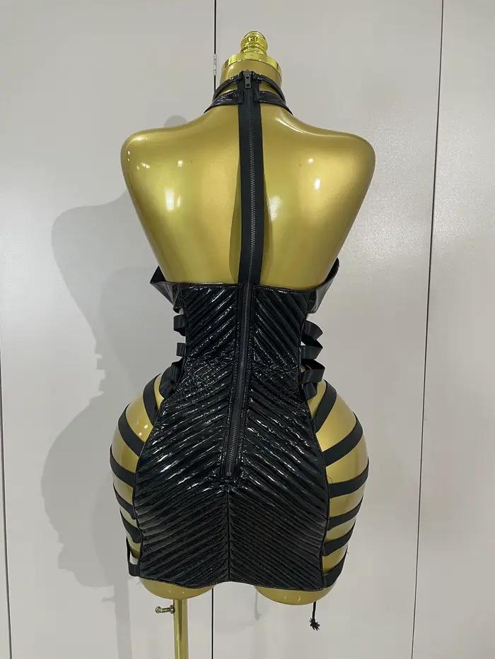 Robe courte en cuir noir pour femmes, Sexy, ajourée, gothique, col licou, chanteur de danse Gogo, di