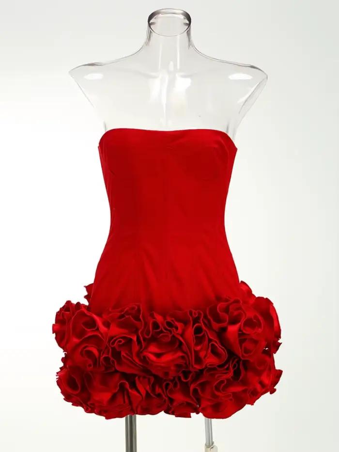 VC robe de noël sans bretelles dos nu rouge structuré Floral embelli Mini longueur moulante célébrit