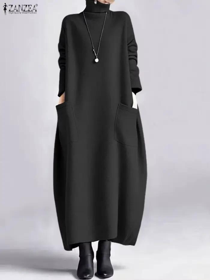ZANZEA mode sweat robe femmes décontracté col roulé à manches longues solide a-ligne Robes mi-longue
