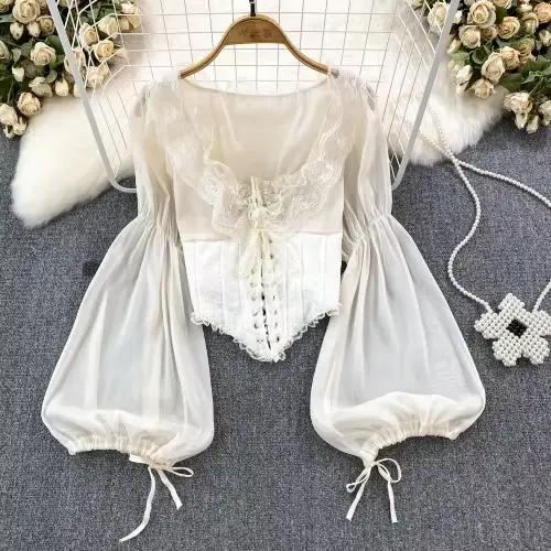 Chemisier Chic femmes 2023 mousseline de soie dentelle à lacets Patchwork élégant Blusas broderie Bl
