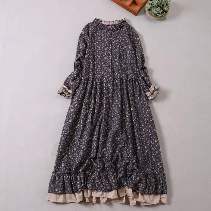 Mori Girl – robe longue imprimée littéraire, printemps automne, col rond, manches longues, volants, 