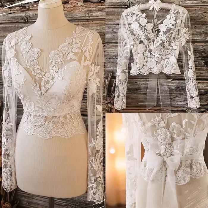 Cape de mariage élégante avec appliques en dentelle, veste pour patients, longues manches, blanc ivo