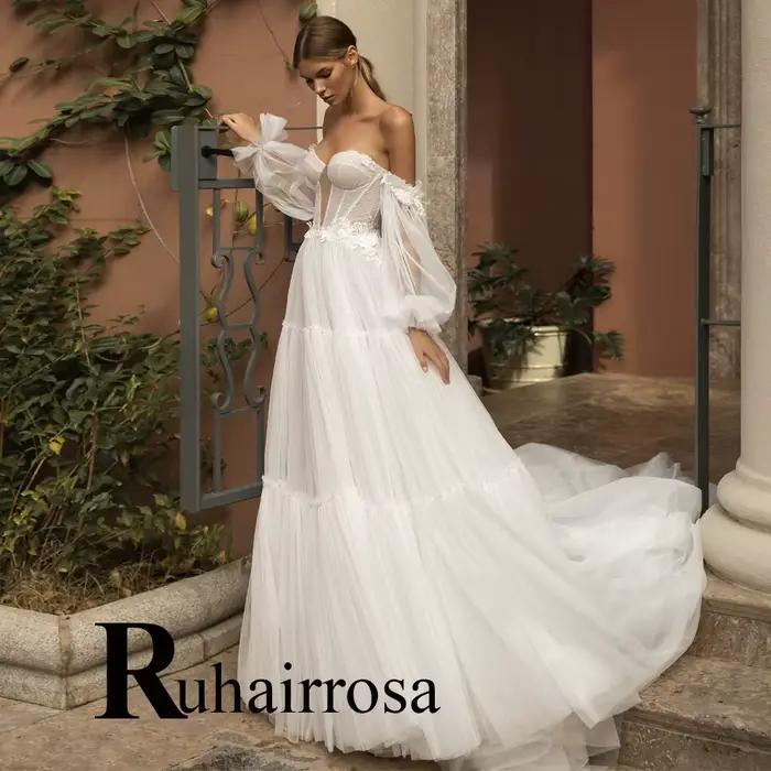 Ruhair Chic robe de mariée pour mariée manches bouffantes a-ligne à lacets Appliques chérie fiançail