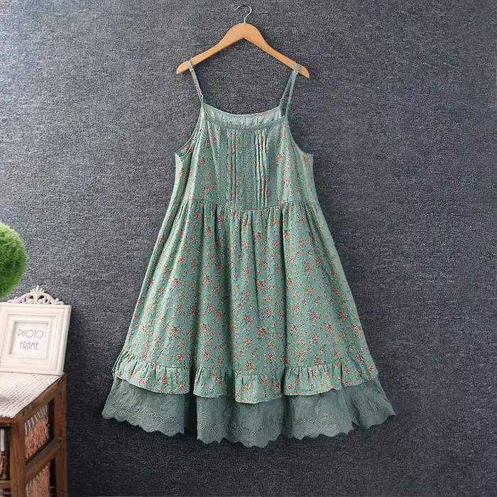 Robe d'été Vintage Mori Girl en dentelle imprimée florale, patchwork, décontractée, ample, bretelles