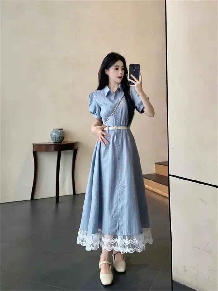 Grande robe patchwork française en dentelle pour femme en été avec une sensation haut de gamme et un