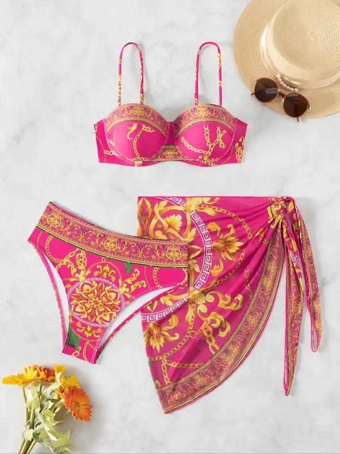 Ensemble trois pièces pour femmes, robe enroulée à imprimé chaîne, maillot de bain bikini, vacances 