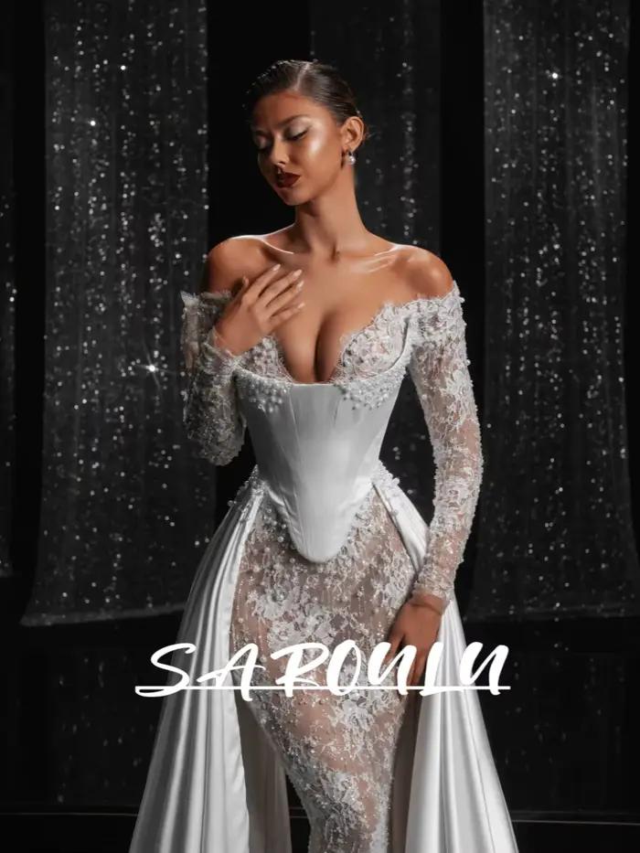 Robe de mariée romantique 2 en 1, à la mode, en dentelle chic, épaules dénudées, vêtements de mariée