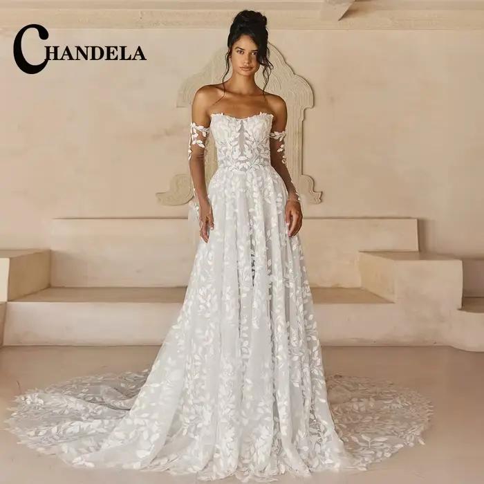CHANDELA Vintage Tulle robes De mariée pour les femmes dentelle Appliques col bateau balayage Train 