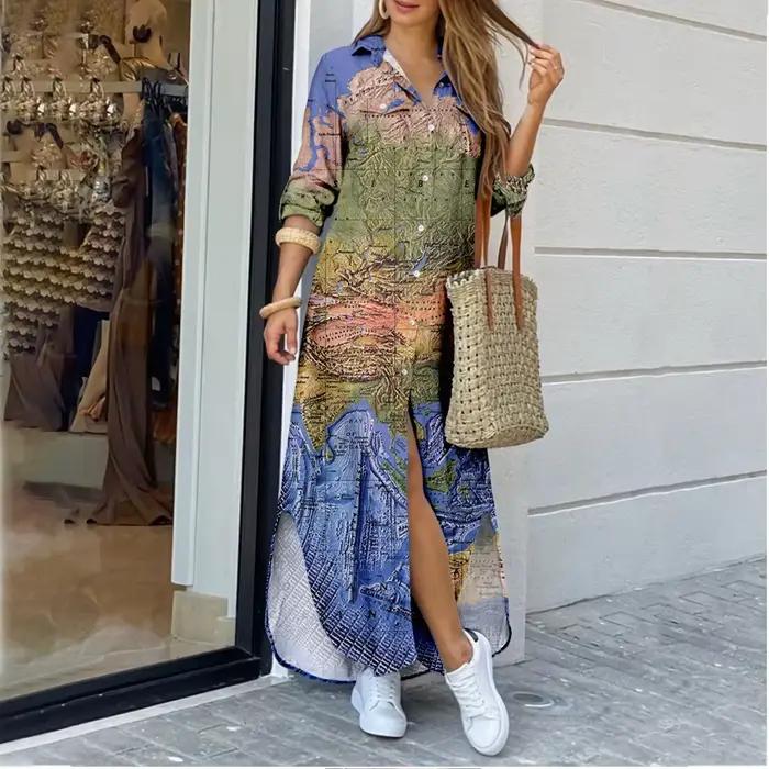 Robes longues pour femmes, motif de carte du monde transfrontalier, imprimé, col chemise, mode, gran
