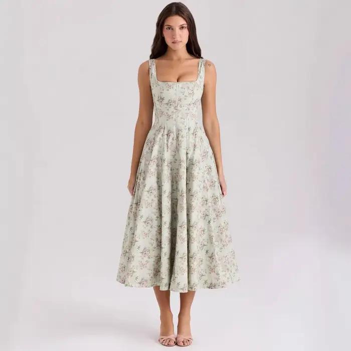 Robe d'été élégante à lacets, imprimé Floral, mi-longue, Sexy, Corset, pour vacances, anniversaire, 