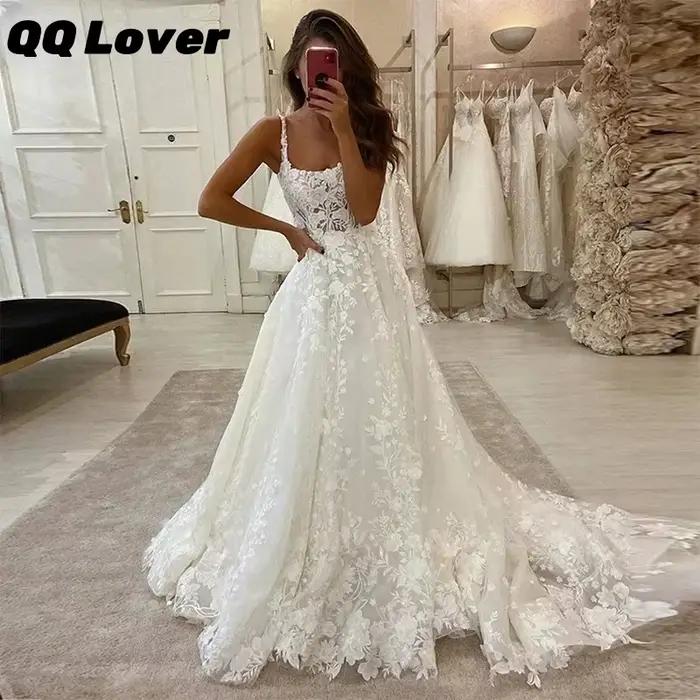 Robes de mariée A-ligne personnalisées pour la mariée, col carré, appliques en dentelle, bretelles s