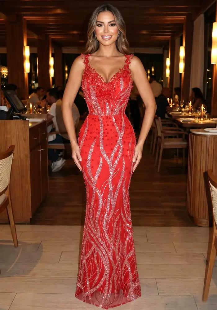 Robes de soirée classiques pour femmes, col en V, sans manches, paillettes, dentelle, perles, longue