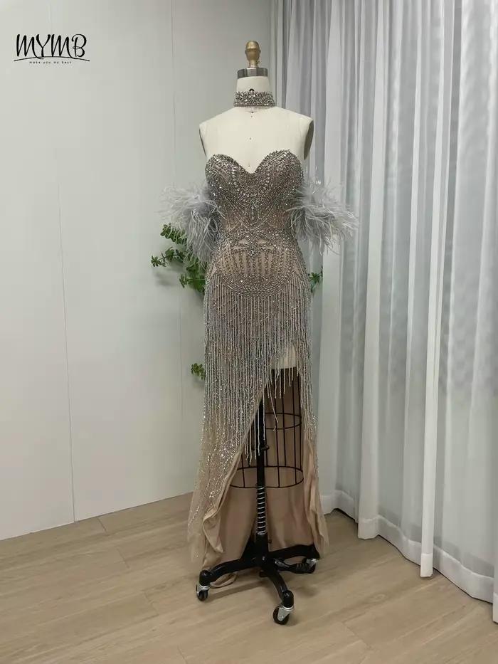 MYMB-Robe de Soirée de Forme Sirène pour Événement Spécial, Tenue de Luxe, Nude, Sexy, Fente Haute, 