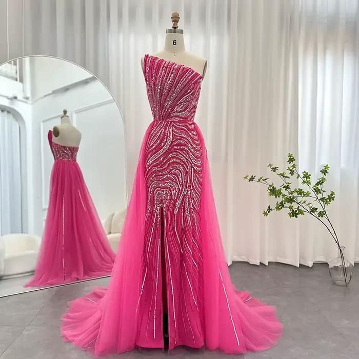 Robe de soirée de luxe Sharon Said Dubaï fuchsia avec surjupe festonnée et fente haute, robe de mari