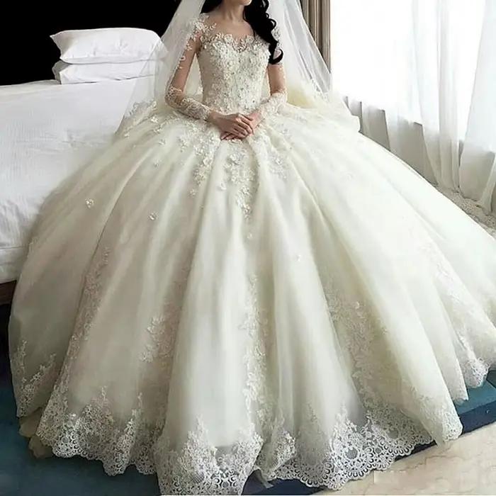 Robe de mariée en dentelle à manches longues, tenue de bal, cristal, fleurs, dubaï, nouvelle collect