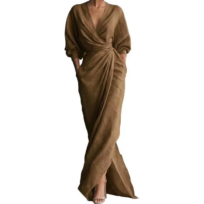 Robe longue fendue pour femme, manches 3/4, col en V, froncée, moulante, pour cocktail, soirée, invi