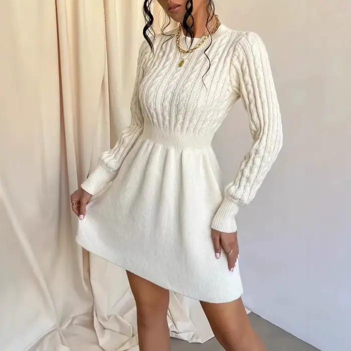 Robe tricotée pour femmes, nouvelle collection automne-hiver 2021, col rond noué à la taille, motif 